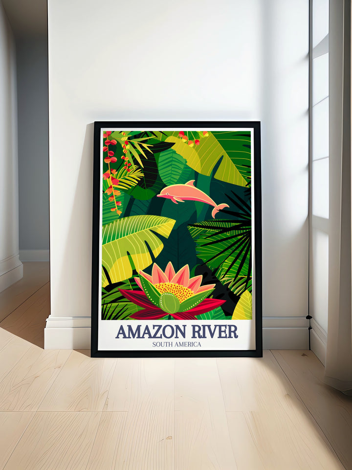 Victoria Regia water lily, Amazon river dolphin travel poster showcasing the serene beauty of the Amazon rainforest. This stunning print features the graceful water lily and playful dolphin, perfect for enhancing any home decor with a touch of natures charm.
