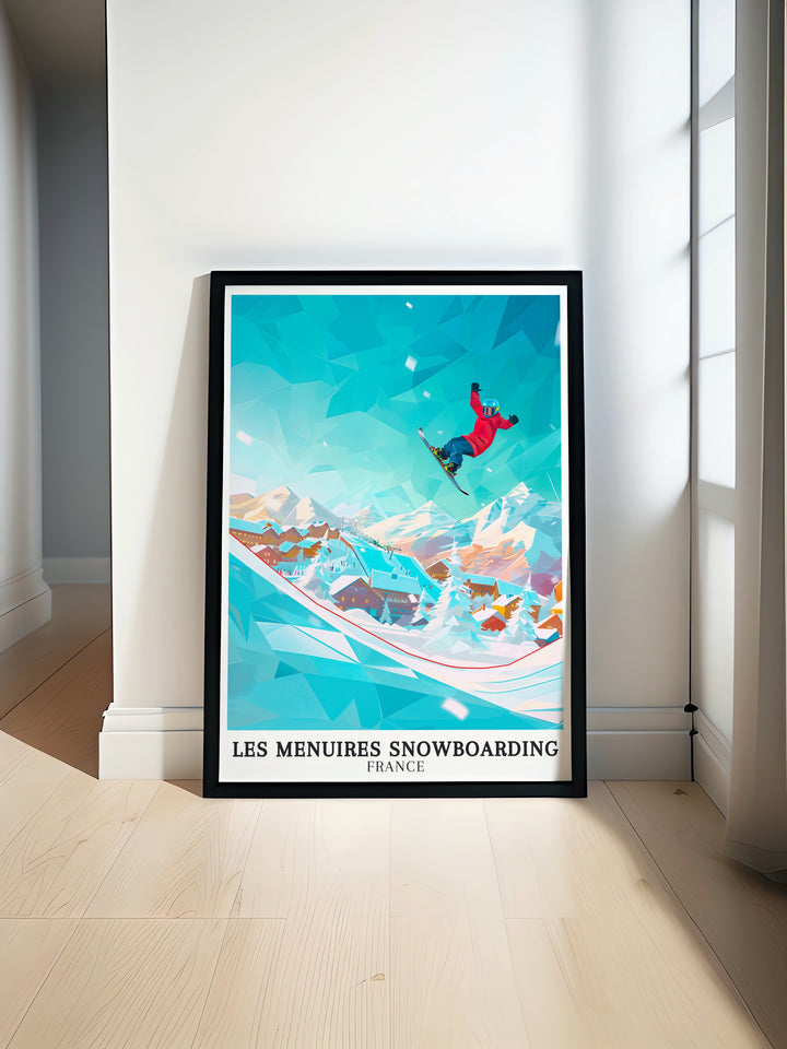 Les Menuires BK Park Snowboarding Art showcasing the thrilling adventure of the French Alps perfect for snow sports lovers who want to capture the excitement of the slopes in their home decor ideal as a unique gift for snowboarders or skiers