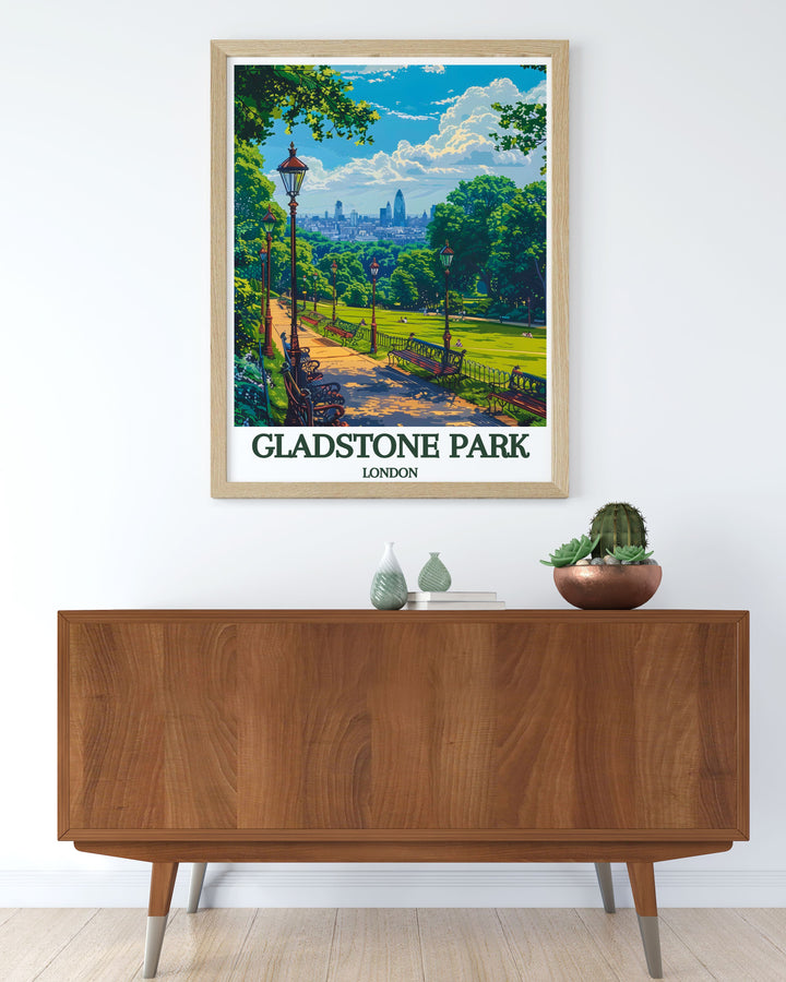 Stunning gallery wall art showcasing Gladstone Park, London, with its expansive green spaces and historic elements, great for adding a touch of natures tranquility to any decor.
