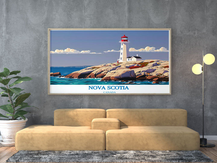 Elegant Peggys Cove framed print displaying the picturesque scenery of Nova Scotia. This Canadian art piece brings a touch of coastal sophistication to any living space and is a great gift for those who appreciate travel and scenic beauty.