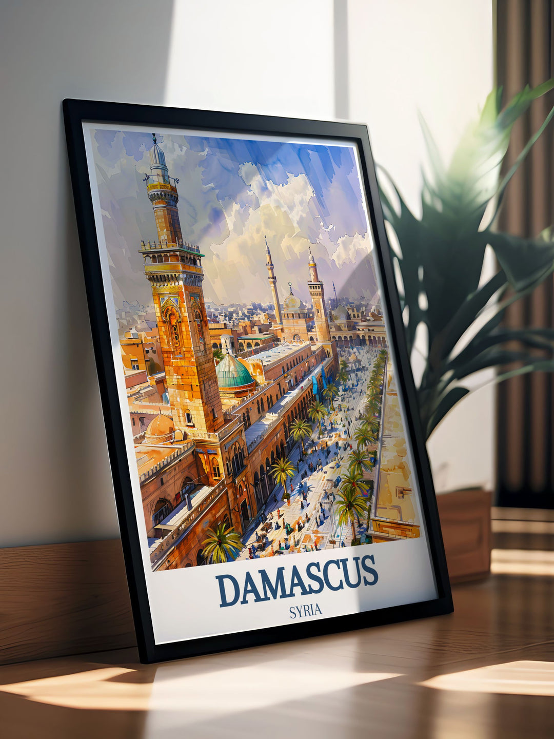 This Damascus poster print showcases the historic grandeur of the Umayyad Mosque and Straight Street, two iconic landmarks in one of the worlds oldest cities. Perfect for home décor or as a thoughtful gift, this artwork brings the rich heritage of Syria into your space.