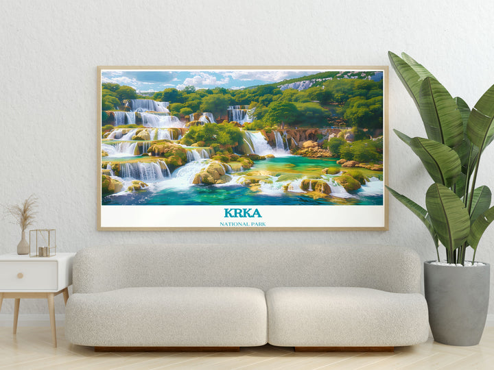 Skradinski Buk Waterfalls modern print showcasing the natural beauty of Krka National Park with lush greenery and cascading falls