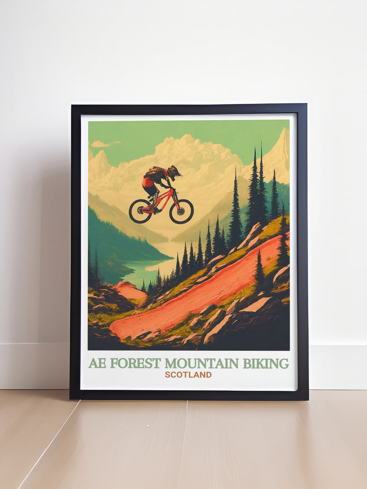 Ae Forest Wall Print displaying the rich landscapes and famous biking routes of Scotland. Perfect for adventurers who appreciate mountain biking and the untamed beauty of Scotlands forests.