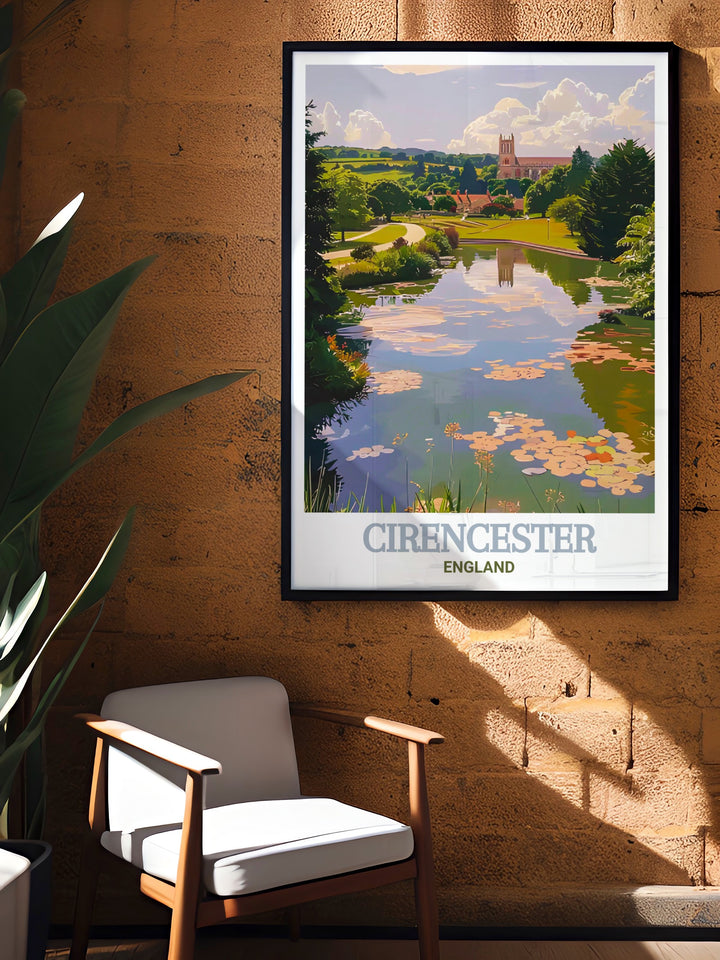 This Cirencester Abbey Grounds art print beautifully captures the historic charm of Cirencester, showcasing the serene park and its lush greenery, perfect for adding a touch of English elegance to your home decor.