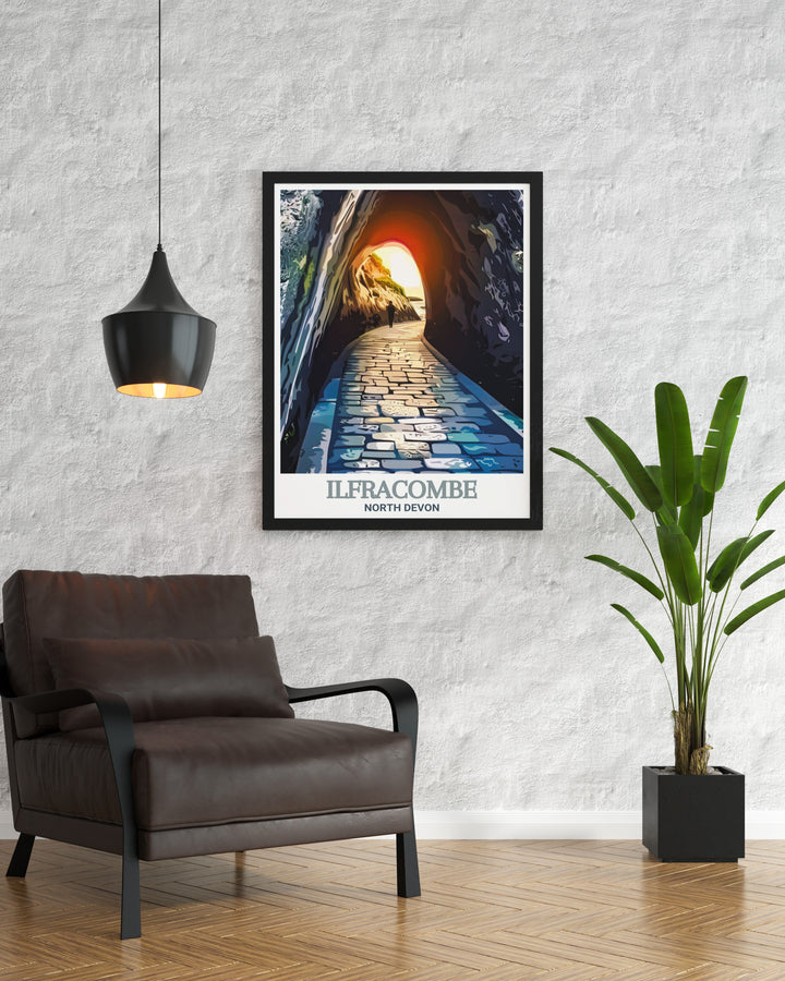 A wall print featuring the peaceful scenery of North Devon, with Ilfracombes Tunnels Beaches as the focal point. This artwork brings the calming presence of the sea into your home.