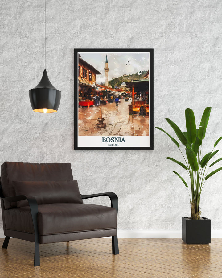 Add a piece of Bosnia to your home with this travel poster print of Bascarsija, the Old Bazaar, Gazi Husrev beg Mosque. This Bosnia wall art captures the essence of Sarajevos historic bazaar and iconic mosque making it an ideal gift for art and history lovers.