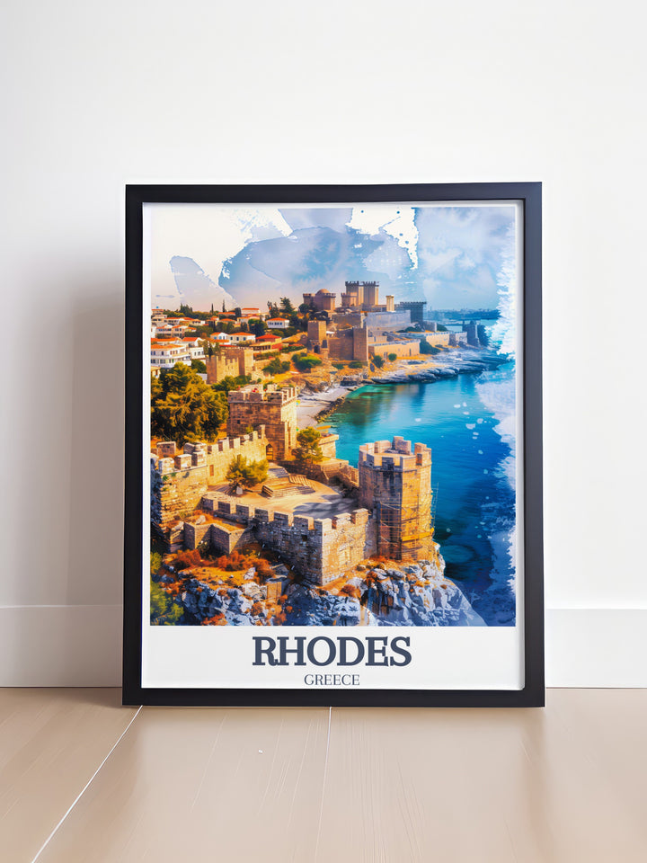 Old Town of Rhodes and Palace of the Grand Master Poster Print showcasing the medieval streets and fortress that define the islands historical landscape. Perfect for home decor, this travel print adds a touch of Greek history to any room.