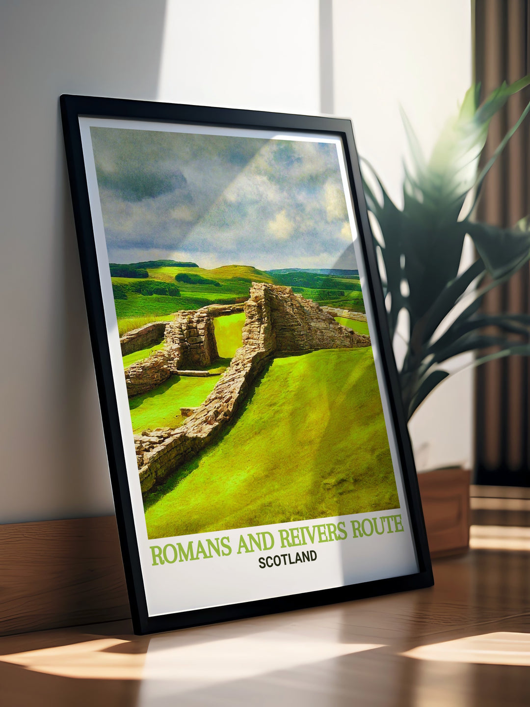 Discover Scotlands Great Trail and Housesteads Roman Fort with this vibrant poster print featuring scenic views of the Reivers Route an ideal framed print for your living room or office a beautiful gift for hiking enthusiasts and art collectors.