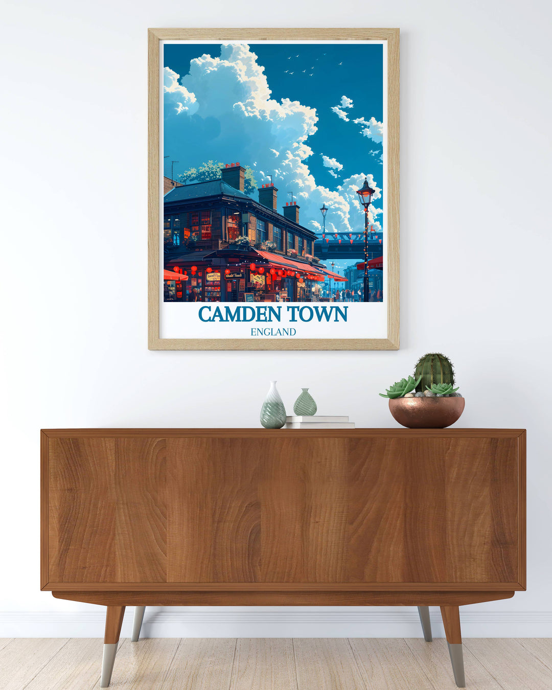 High quality Camden Market poster illustrating the iconic landmarks and cultural hubs of Camden Town London from the lively Camden Market to the picturesque Primrose Hill a must have for art lovers and travel enthusiasts.