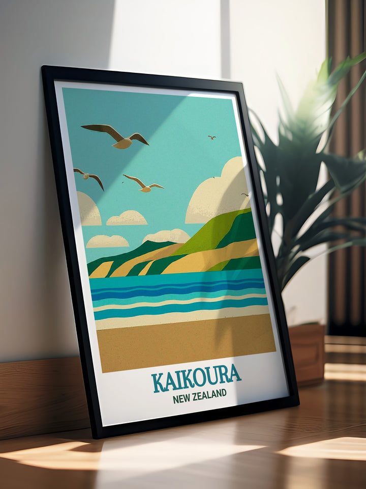 The poster features the iconic Kaikoura Beach, where the mountains and ocean create a stunning natural landscape. The print is an excellent choice for those who appreciate New Zealands coastal beauty and wish to incorporate it into their home decor.