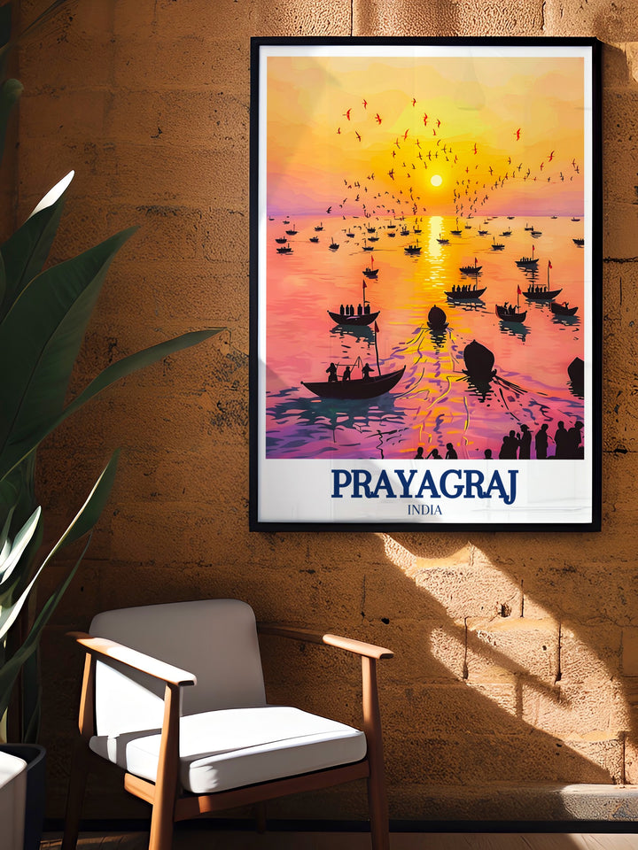 Detailed Prayagraj map poster print highlighting the Triveni Sangam, where the Ganges, Yamuna, and Saraswati rivers converge. This artwork showcases Prayagrajs spiritual and cultural heritage, perfect for adding a touch of Indian tradition and reverence to your home decor.