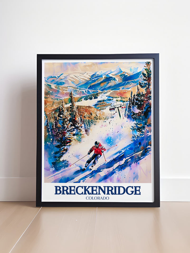 Breckenridge Ski Resort travel poster brings the charm of Colorados most famous ski destination into your home. Featuring the picturesque slopes of Peak 8, this canvas art is perfect for winter sports lovers and adventure seekers.