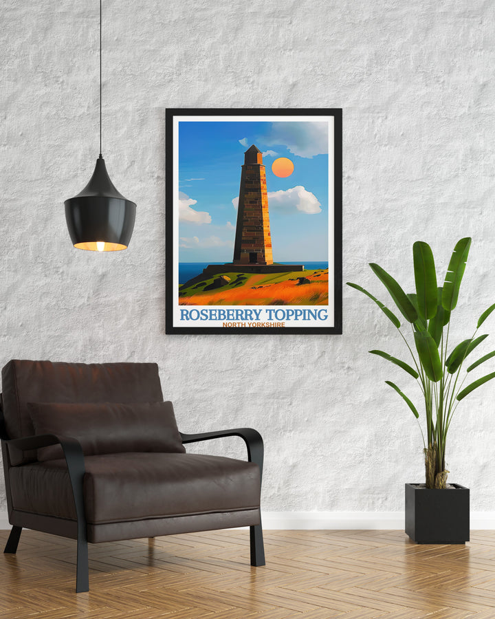 Showcasing the beauty of Roseberry Topping and Captain Cooks Monument, this wall art is ideal for anyone who loves hiking, nature, and history. The print captures the stunning landscape of North Yorkshires North York Moors.