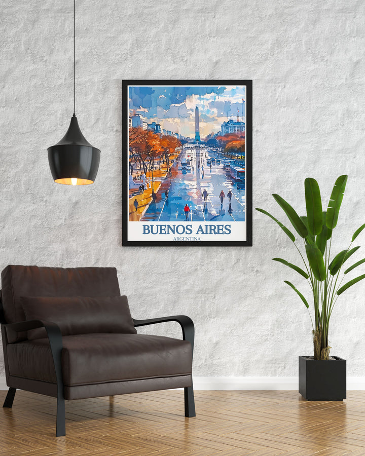 Elegant Buenos Aires wall art depicting the towering Obelisk and the energetic Plaza de la Republica, showcasing the citys historic and urban beauty. Perfect for adding sophistication to any room.