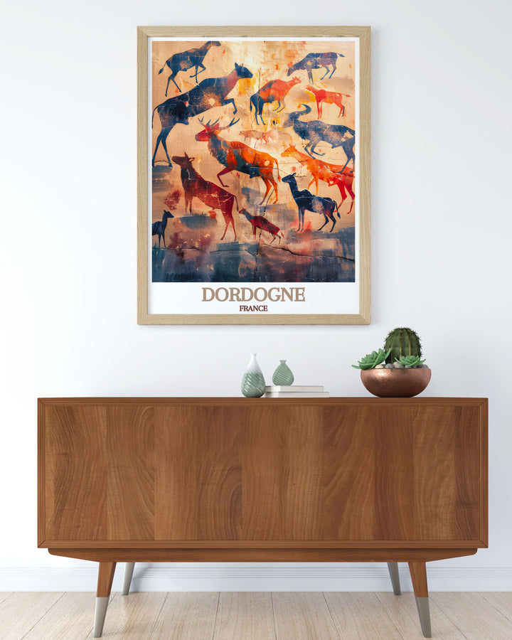 Dordognes artistic legacy is highlighted in this travel poster, featuring the regions famous cave paintings and historical landmarks, perfect for those who appreciate cultural history.