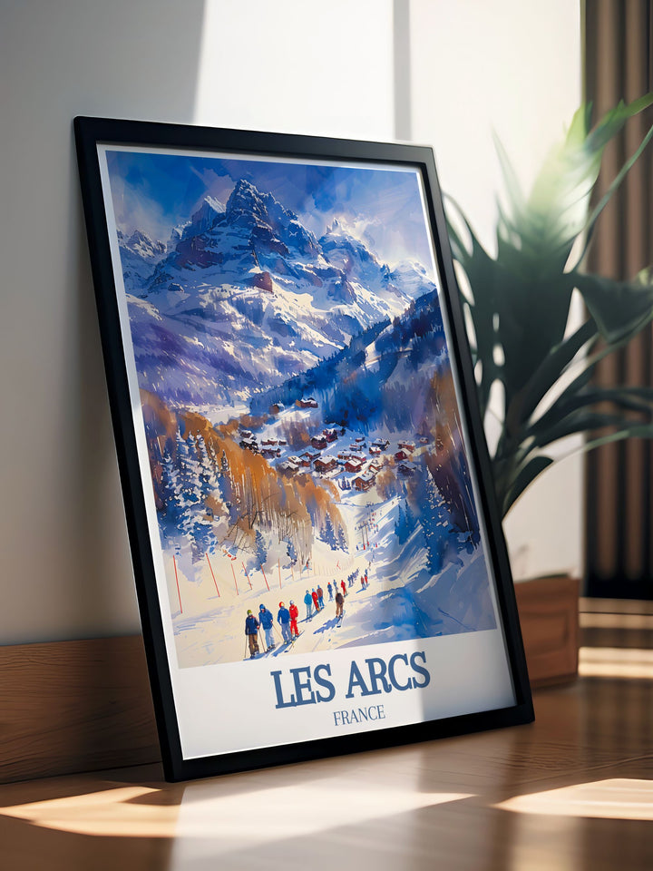 Snowboarding Art depicting Les Arcs in Paradiski ski area Mont Blanc with vibrant colors showcasing the thrill and beauty of winter sports ideal for wall art and decor