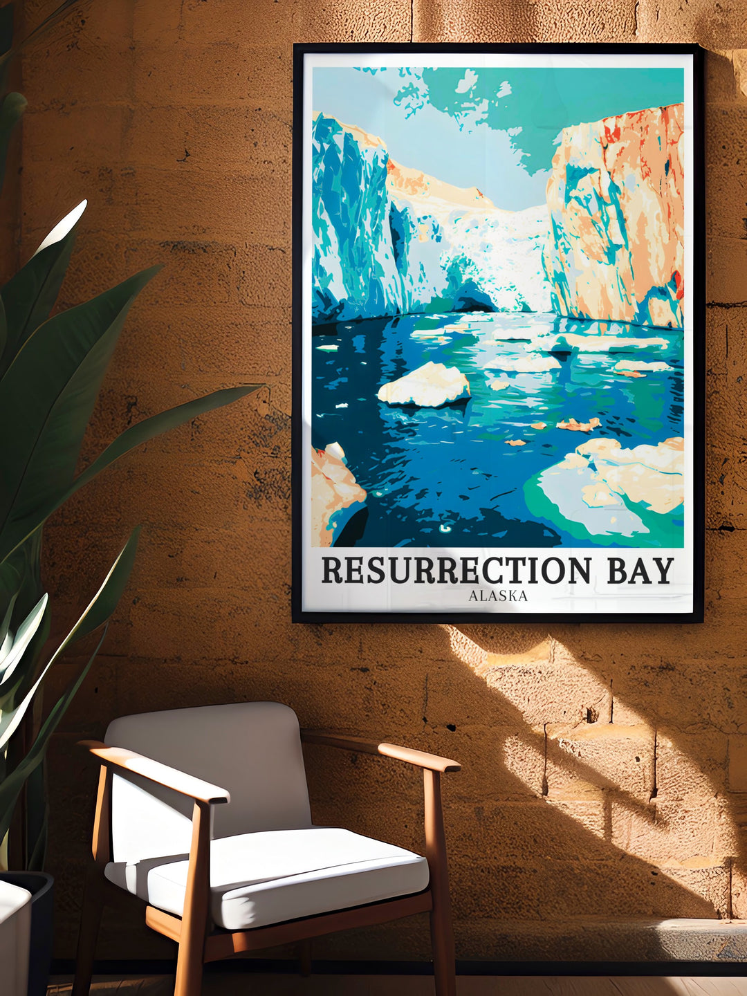 Featuring Resurrection Bay and Bear Glacier, this Alaska travel poster celebrates the awe inspiring natural beauty of the state. The serene waters of Bear Glacier Lagoon complete this art print, making it a striking piece of wall decor for any room.