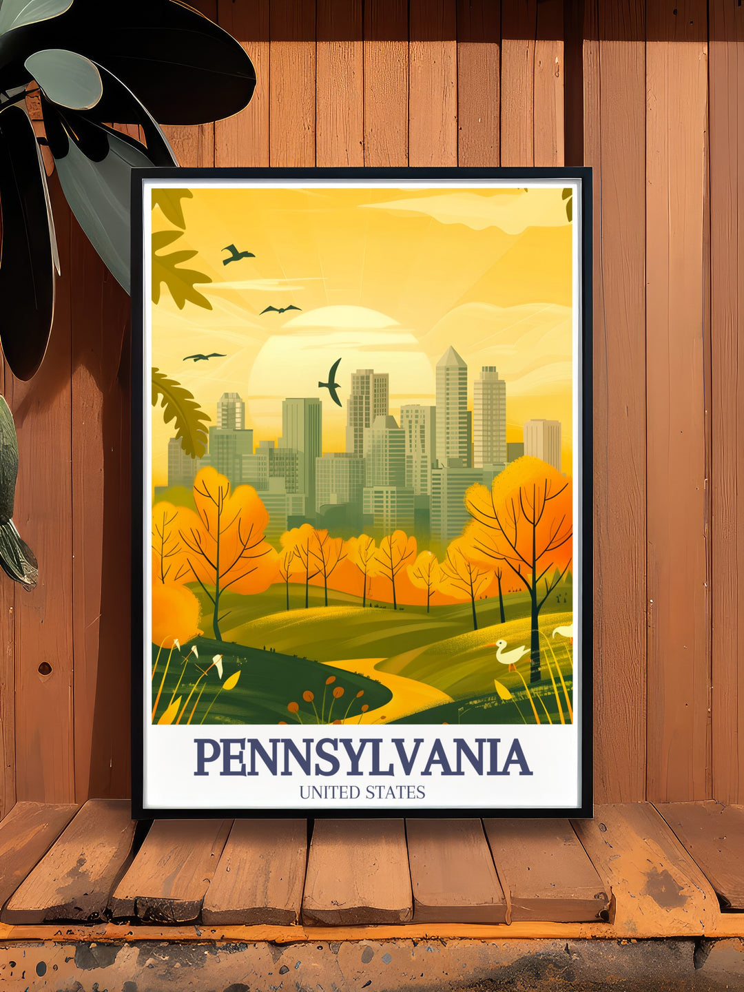 A Pennsylvania travel poster that showcases the modern marvel of PPG Place Tower in Pittsburgh alongside the peaceful streets of Spring Garden in Philadelphia. This print makes a thoughtful gift for anyone who loves the states diverse landmarks.