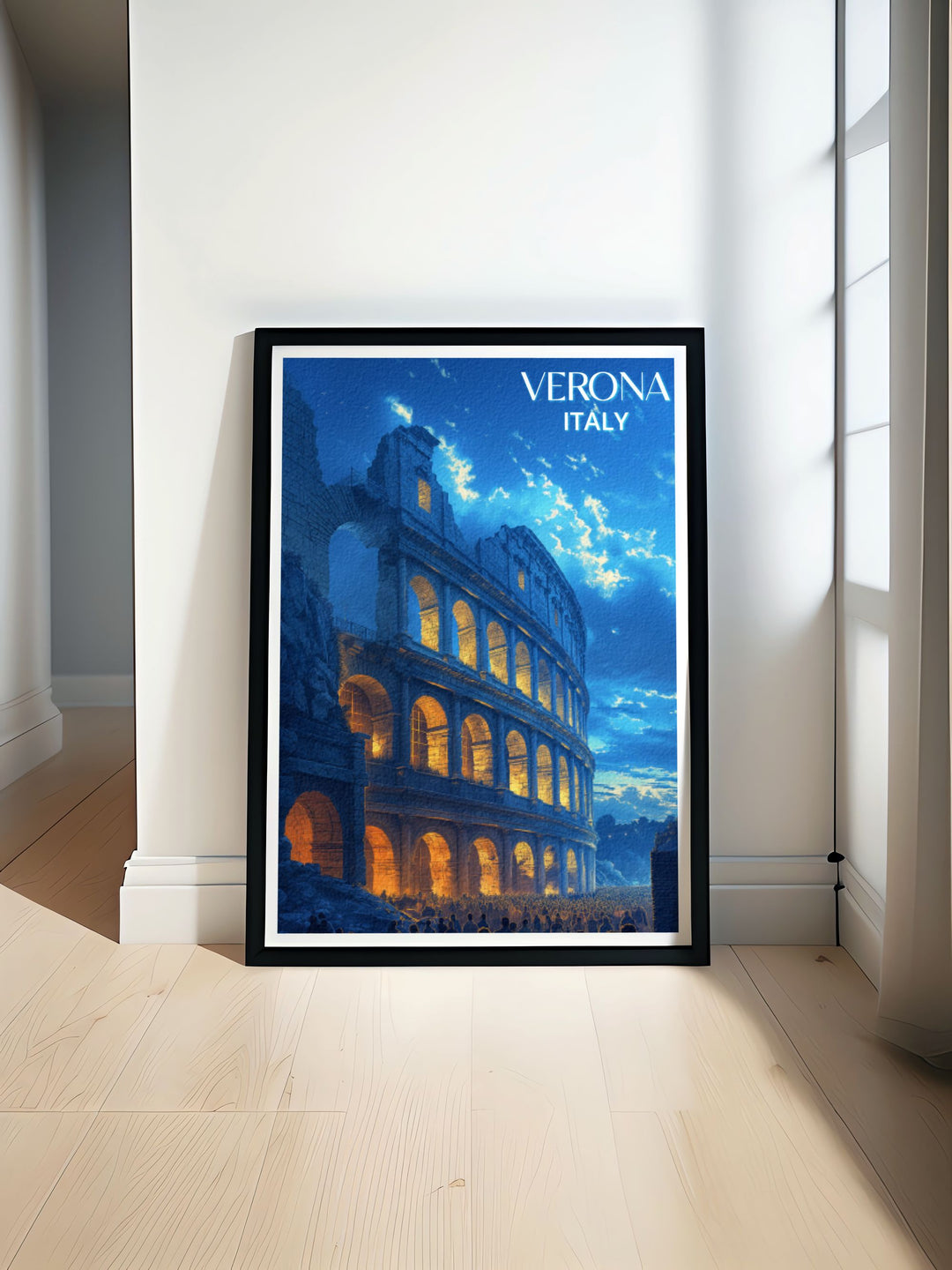The Verona Arena, an ancient Roman amphitheater, is depicted in this exquisite print. The artwork highlights the Arenas architectural details and historical importance, making it a must have for history enthusiasts and lovers of Italian landmarks.