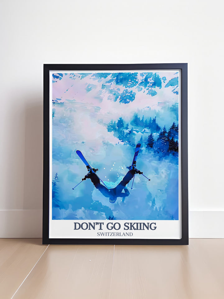 Retro ski poster of Zermatt, Switzerland highlighting the picturesque ski resort. This beautiful print makes a fantastic gift for skiers and snowboarders, adding a nostalgic touch to any room. Perfect for those who love vintage aesthetics and winter adventures.