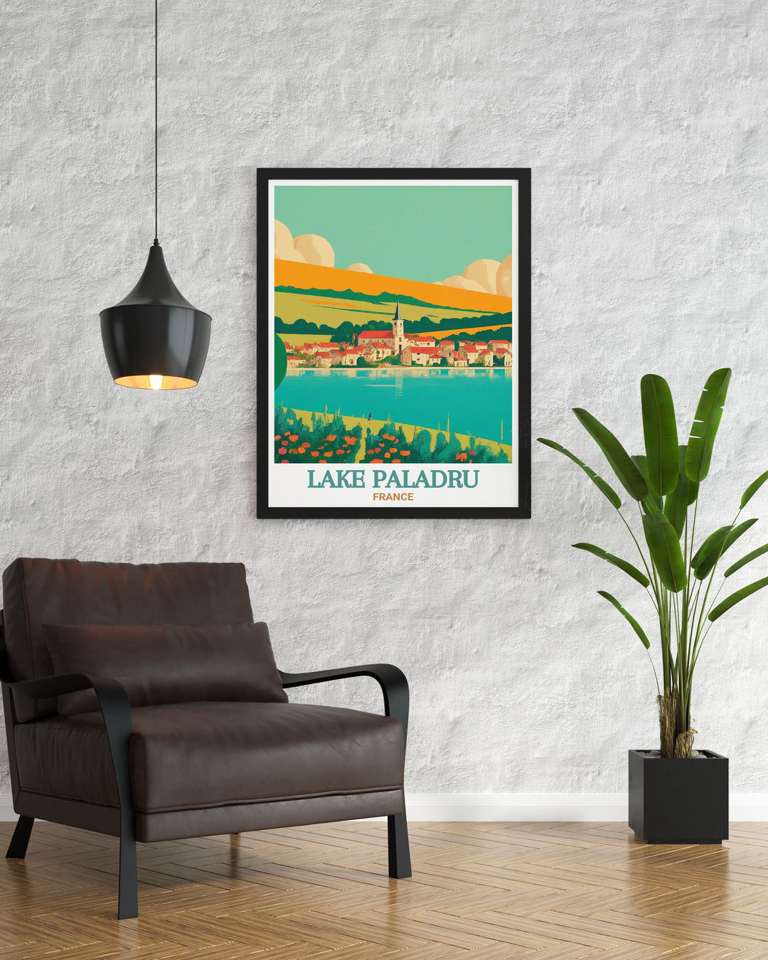 A stunning travel poster featuring Saint Pierre de Paladru, capturing the villages picturesque streets and peaceful ambiance. The print is perfect for anyone who loves the charm of historic French villages and the beauty of nature.