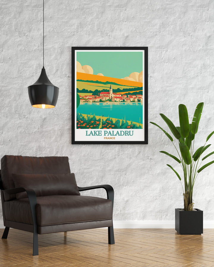 A stunning travel poster featuring Saint Pierre de Paladru, capturing the villages picturesque streets and peaceful ambiance. The print is perfect for anyone who loves the charm of historic French villages and the beauty of nature.