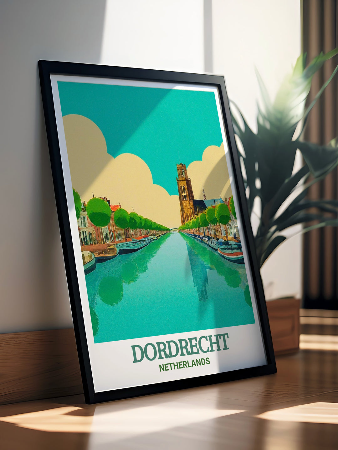 Merwede Canal travel print showcasing the picturesque waterway in Dordrecht, Netherlands. This art print offers a detailed view of the canal, with its peaceful waters reflecting the historic charm of the city, ideal for adding a touch of Dutch elegance to any room.