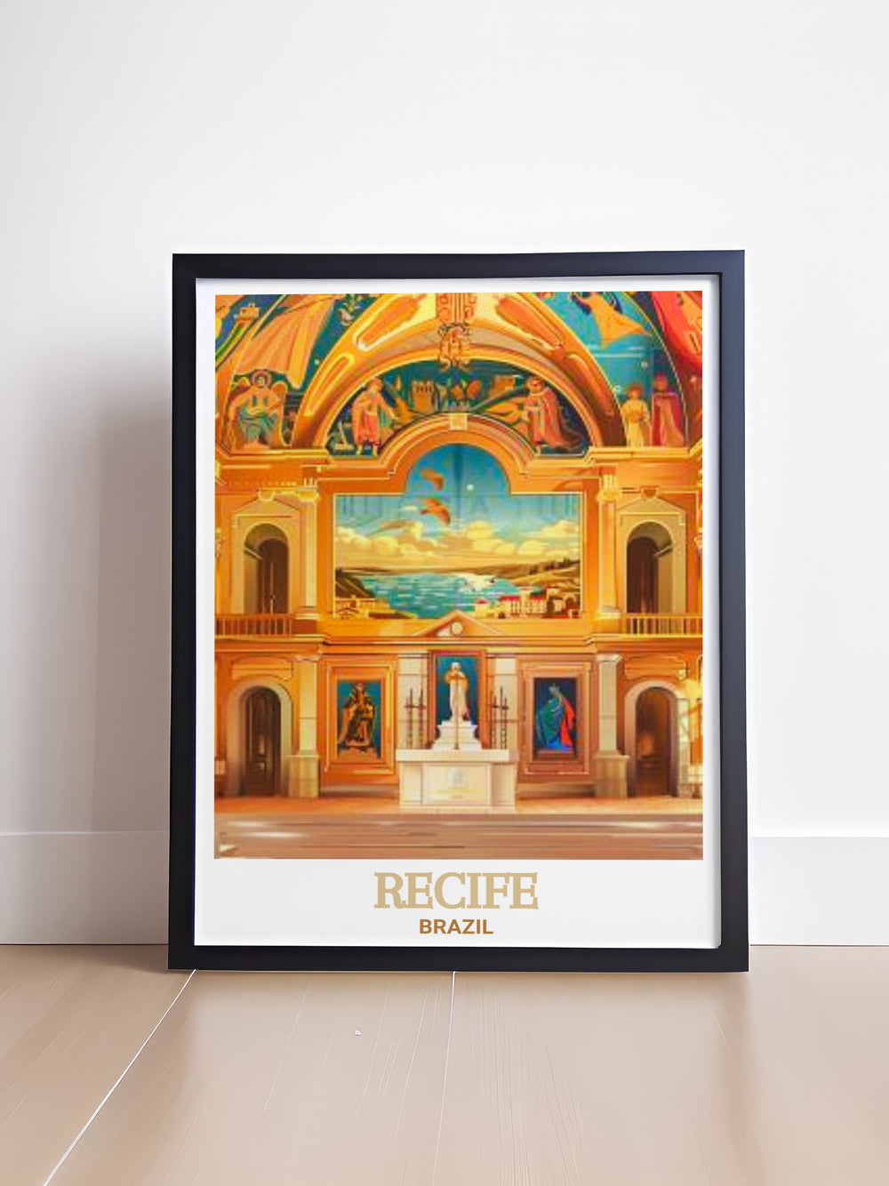 Travel print of Recifes iconic Capela Dourada in Brazil. A perfect addition to any room, this poster celebrates the beauty of the Baroque architecture and serves as a tribute to Brazils deep rooted history, ideal for those who love art and travel.