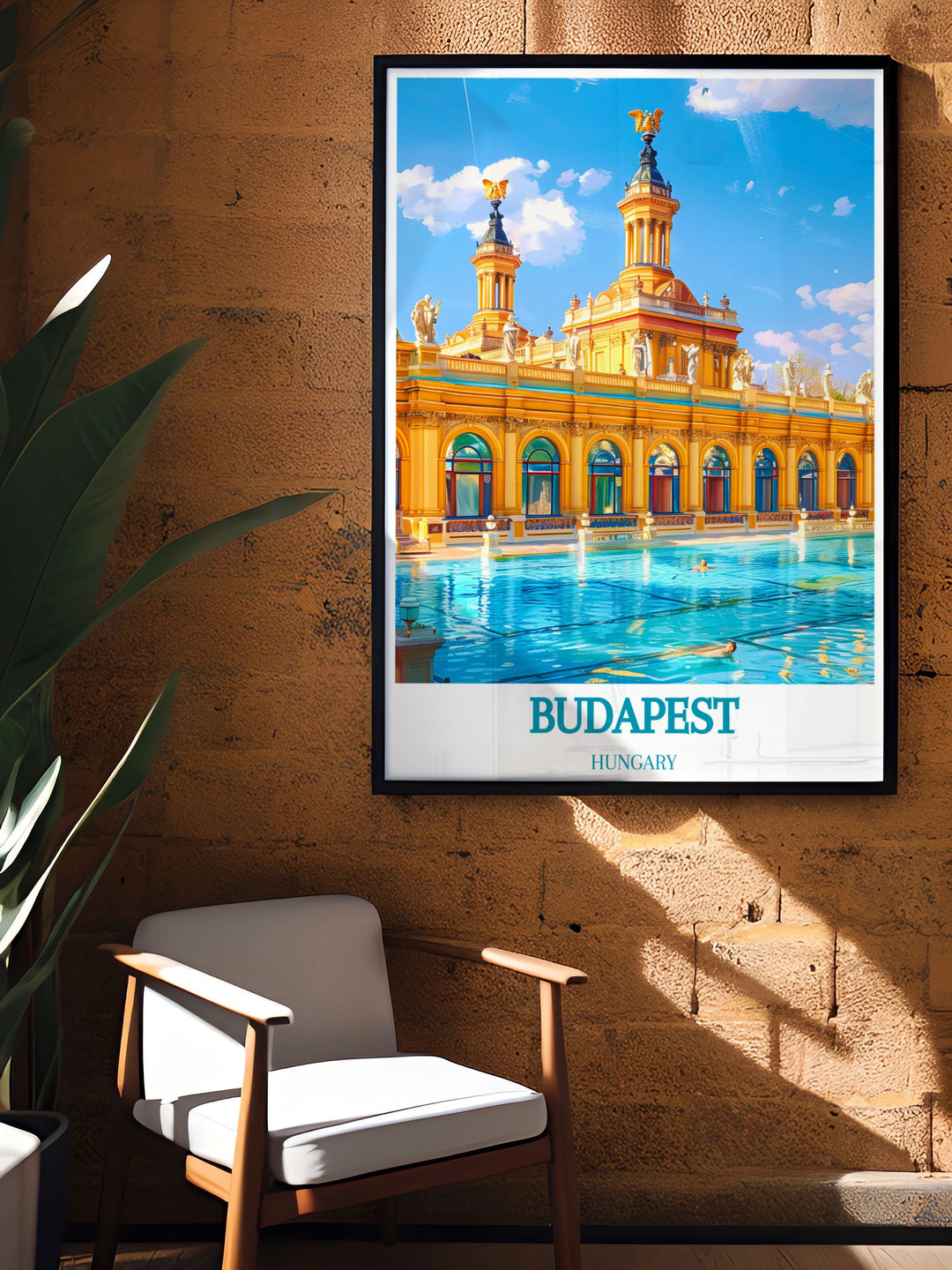 Elegant home decor featuring a Budapest print of the Szechenyi Thermal Bath ideal for gifting on special occasions