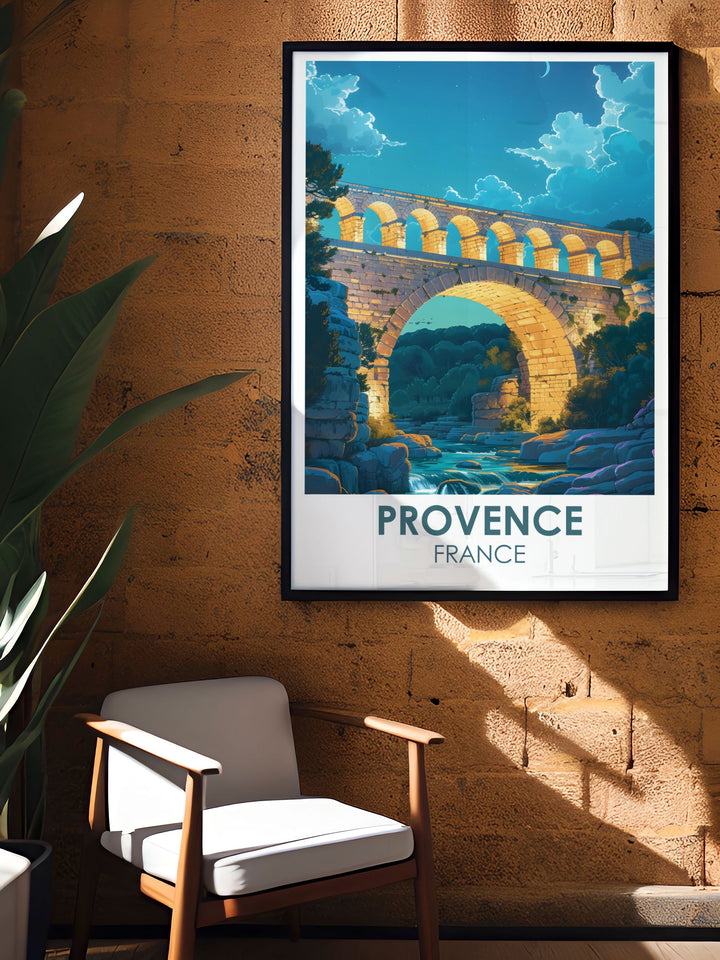 Immerse yourself in the serene beauty of the Pont du Gard with this travel poster, featuring the lush Provencal landscape and the flowing Gardon River beneath the arches.