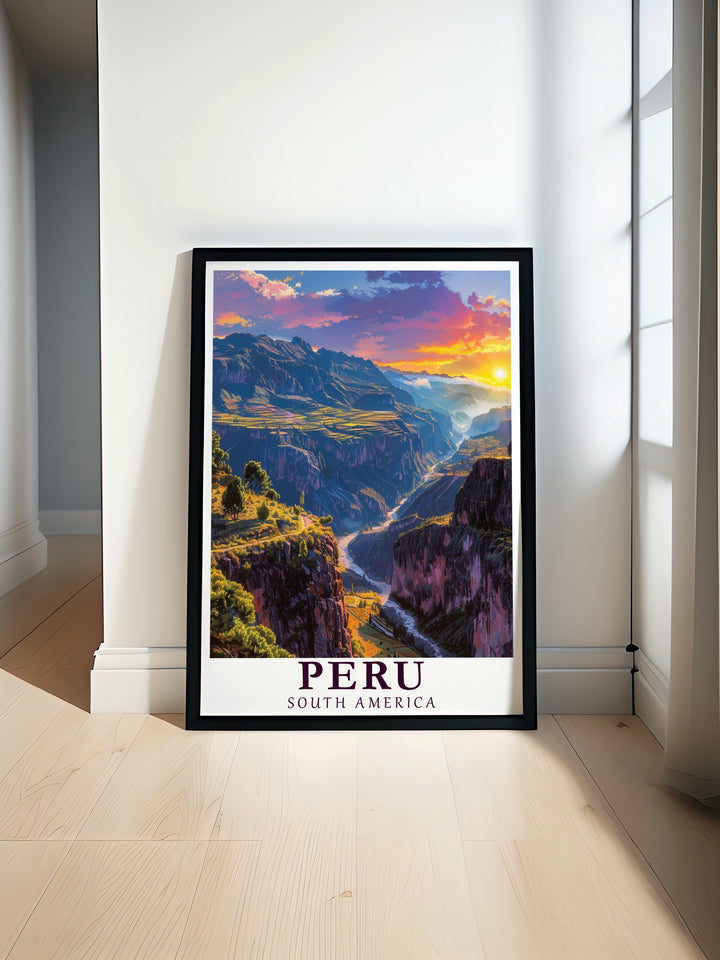 Peru art print featuring the incredible Colca Canyon and the lively streets of Lima. This wall poster beautifully contrasts the peaceful canyon with the energy of the capital city, offering a glimpse into Perus natural and urban treasures. Its a perfect gift for travel lovers and adventure seekers.