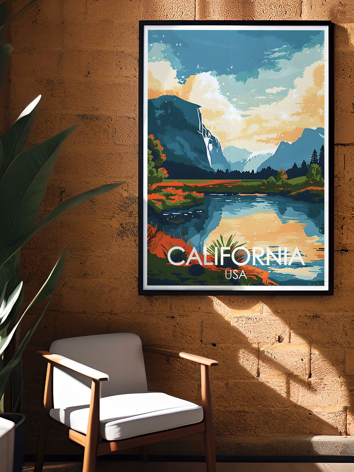 This travel poster captures the iconic Yosemite National Park, featuring its striking granite cliffs and panoramic views. Ideal for adding a touch of the parks natural splendor to your home decor and celebrating one of Californias most beloved landmarks.