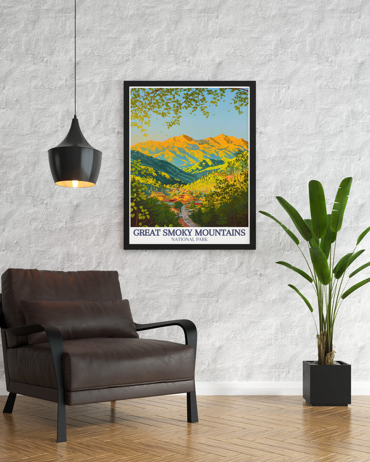 A beautiful wall art print capturing the serene beauty of the Smoky Mountains and the iconic Newfound Gap Road, ideal for outdoor enthusiasts.