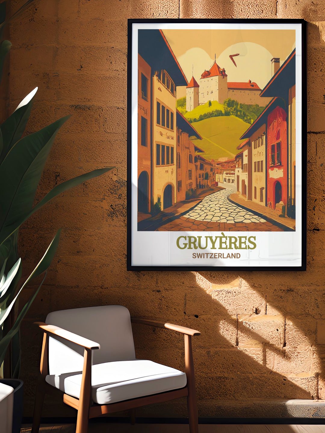 Gruyeres Medieval Town travel print offering a beautiful glimpse into Switzerlands rich history and charm. This artwork is perfect for enhancing your home decor and celebrating the beauty of Gruyeres.