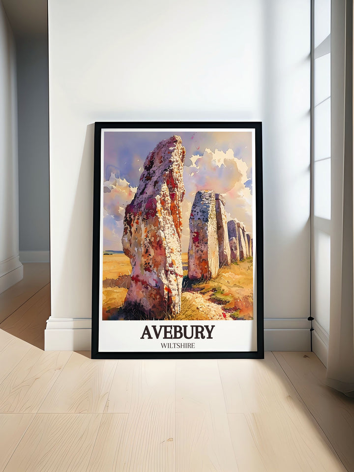 The charm of Avebury Stone Circle, with its iconic stones and scenic surroundings, is brought to life in this poster, offering a piece of Englands historical allure for your home.