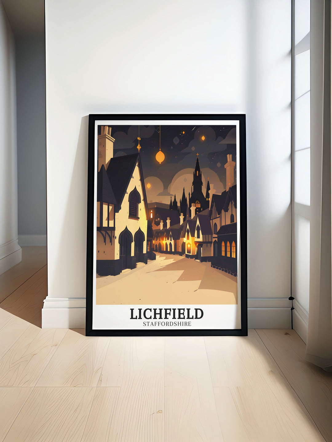 Highlighting the beauty of Lichfields town centre and Lichfield Cathedral, this travel print offers a stunning glimpse into one of Staffordshires most beloved towns. Perfect for decorating your living space with a touch of British history.