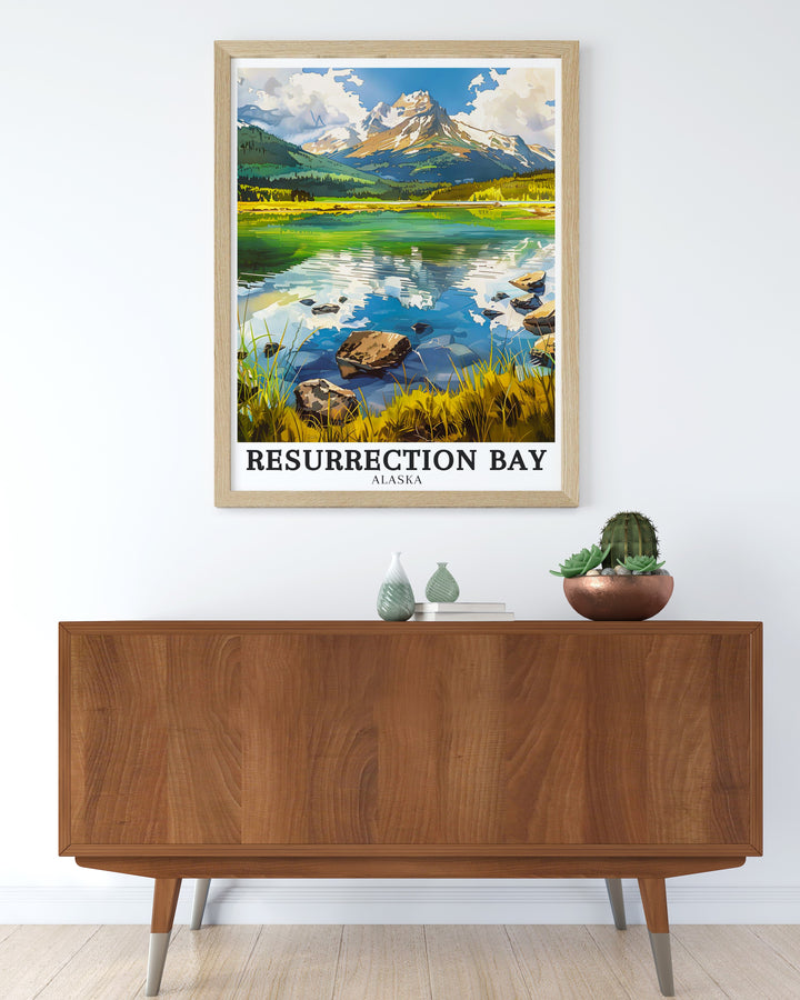 A vivid and detailed art print of Resurrection Bay, Mount Edgecumbe, and Aialik Bay in Alaska. This travel poster is perfect for nature lovers and adventurers who want to bring a piece of Alaskas beauty into their home or office.