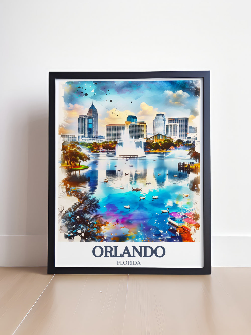 Orlando poster print featuring the dynamic combination of ICON Park and the Orlando Eye, two of the citys most famous landmarks. The sleek and modern design captures the spirit of Floridas adventure, making it a perfect addition to your travel inspired décor or a personalized gift for loved ones.