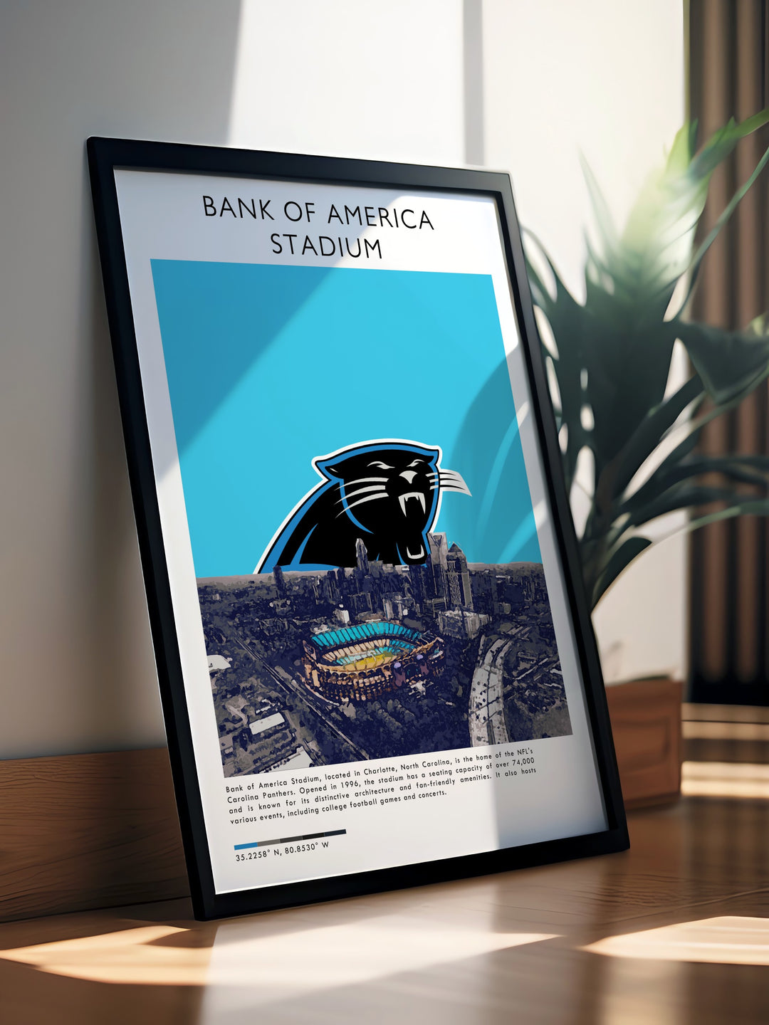 Mid century modern Carolina Panthers stadium poster ideal for sports bedroom art creating a focal point in any room and making it a perfect choice for gifts for boyfriend dad or husband.