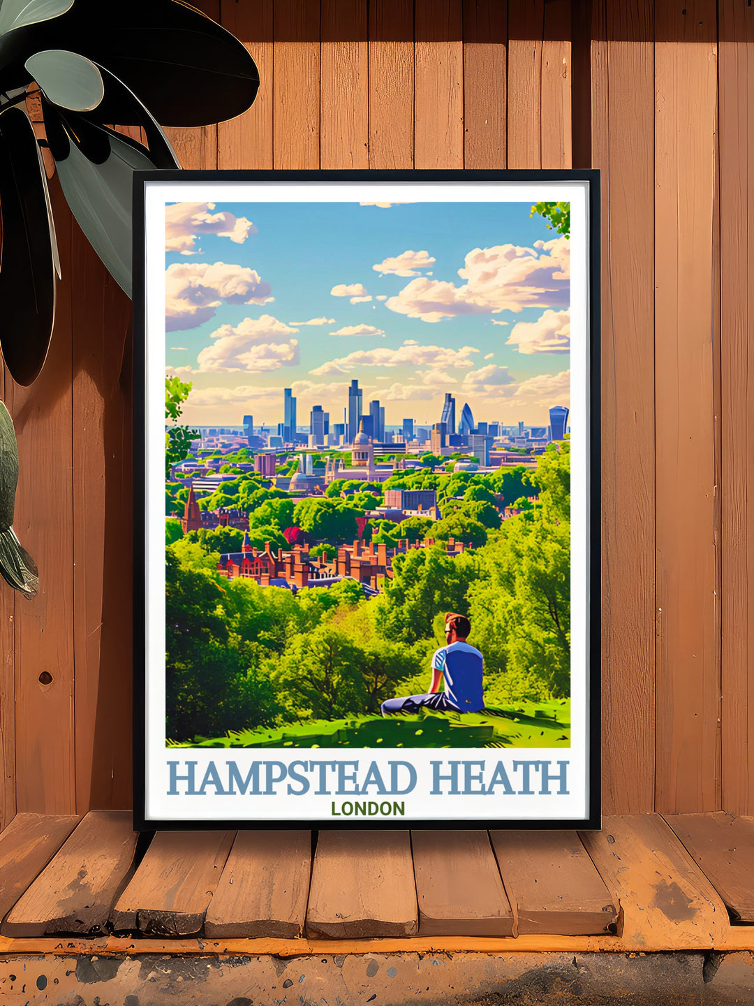 This Hampstead Heath travel poster print showcases the beauty of Parliament Hill and its wide open green spaces. Ideal as a canvas print for anyone who loves Londons landscapes.