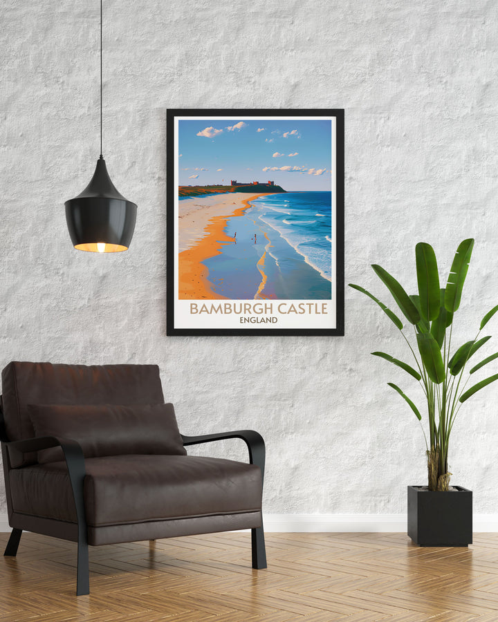 Artistic depiction of Bamburgh Beach with detailed textures of the sand and sea, bringing the calm of the English coast to your living space.