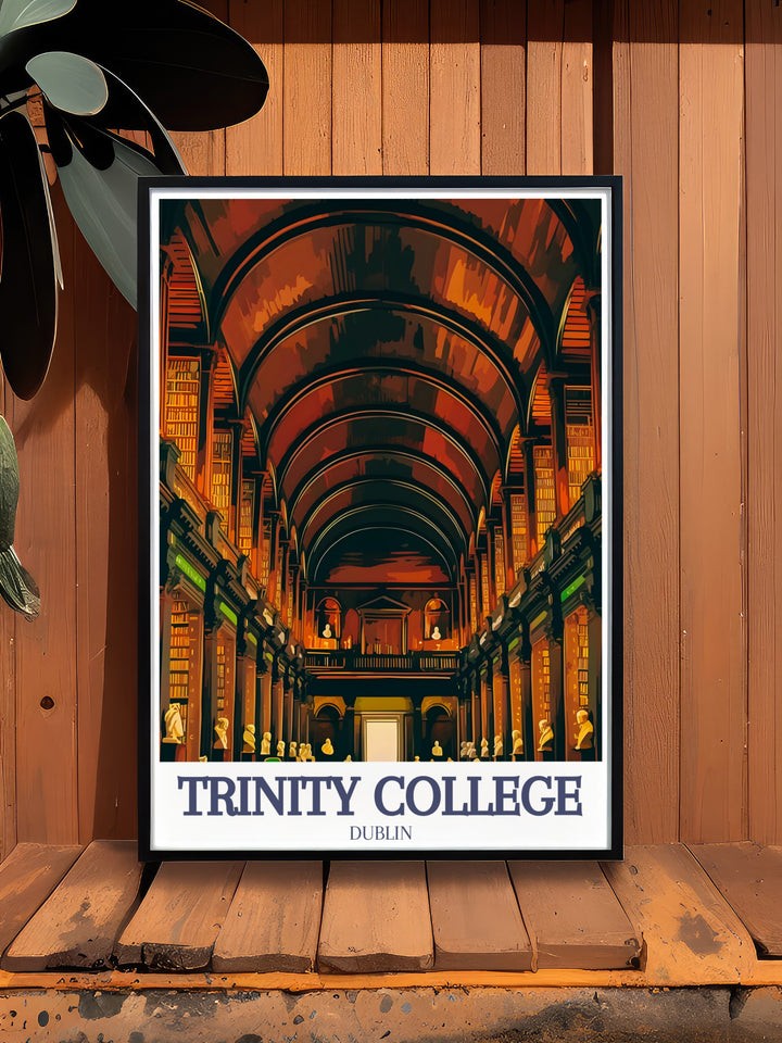 This Trinity College art print features the iconic Long Room of the colleges historic library. A beautiful gift for scholars and art lovers, it celebrates Dublins intellectual heritage while adding a touch of sophistication to your wall.