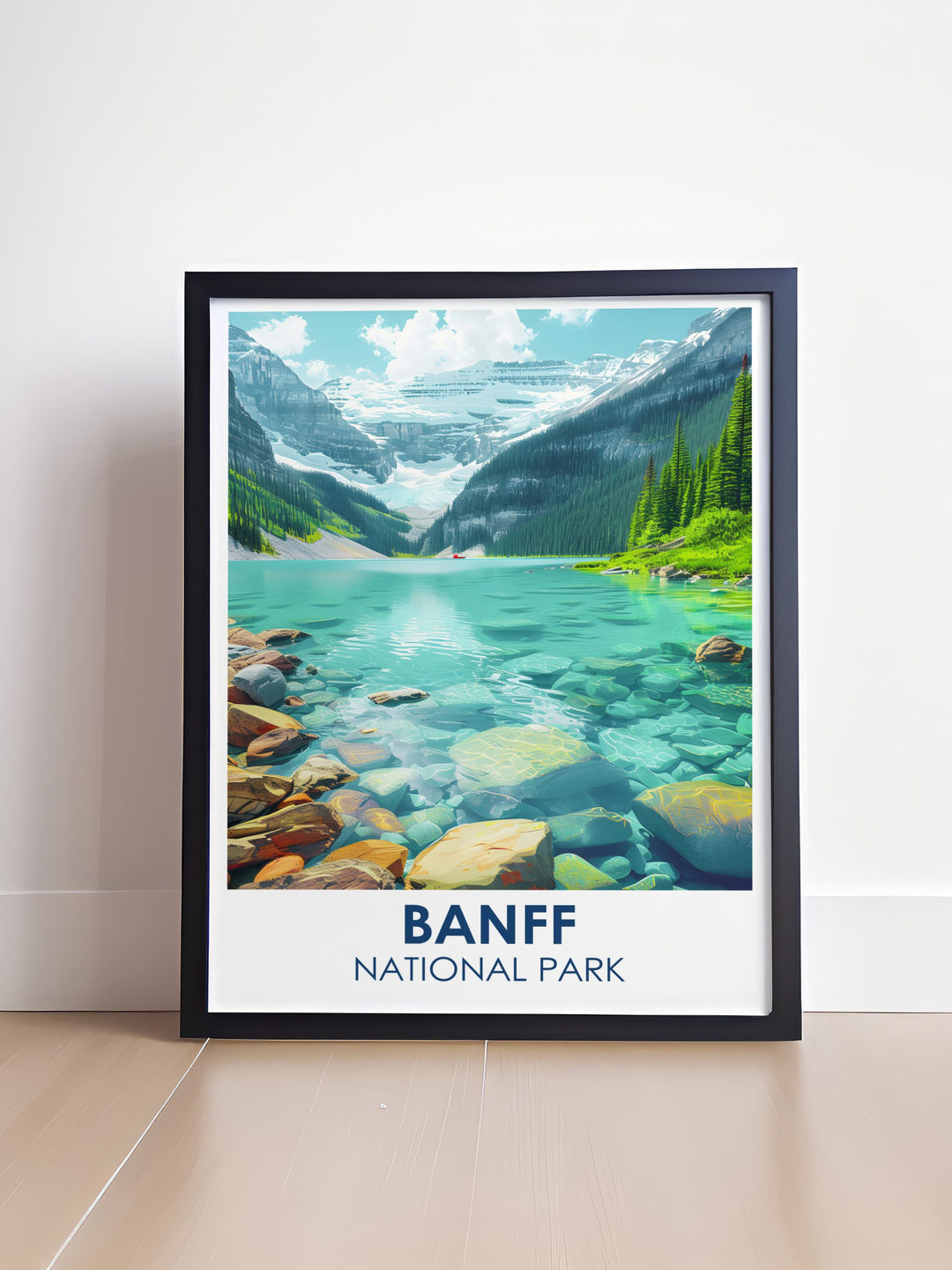 Framed art of Lake Louise showcasing the tranquil, turquoise waters set against the rugged backdrop of the Canadian Rockies, ideal for adding a serene touch to any interior space.
