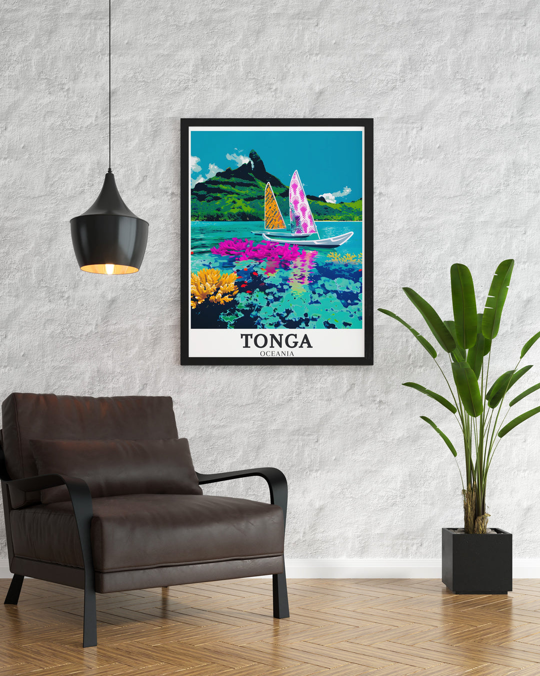 Eye catching coral reef stunning prints with Tongan vaa canoes create a beautiful focal point for enhancing home interiors