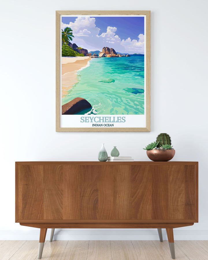 Anse Source dArgent and the stunning Indian Ocean are beautifully depicted in this poster, celebrating the iconic beach and vibrant marine life of Seychelles, perfect for travel enthusiasts.