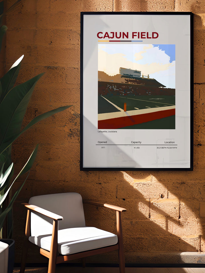 Elegant Cajun Field art print highlighting the passion of Ragin Cajuns football. Ideal for enhancing any space from dorm rooms to living areas. This artwork brings the excitement of game day into your home with its bold colors and iconic stadium imagery.