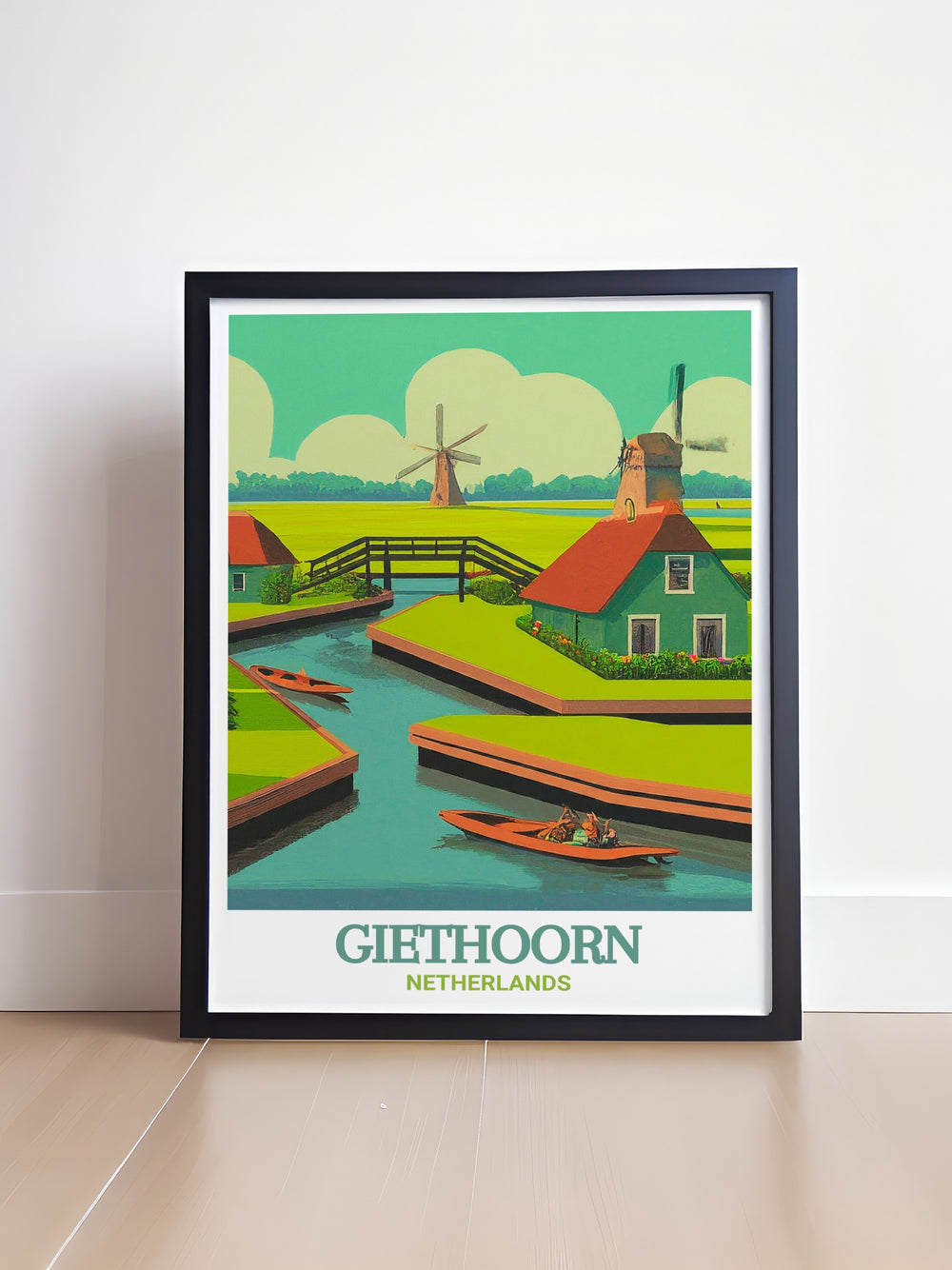 Experience the charm of Giethoorn with this Netherlands travel poster. The detailed depiction of the villages iconic canals and traditional homes makes this artwork a standout piece for any space, offering a glimpse into the serene beauty of Dutch life.