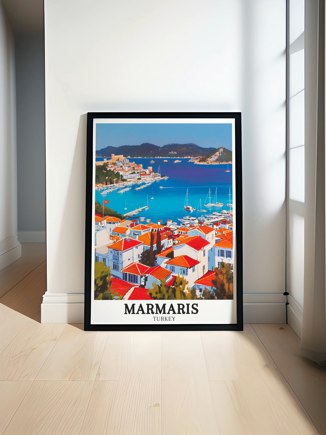 Marmaris Poster Print showcasing Turkey Wall Art with Icmeler Bay and Icmeler Beach Stunning artwork perfect for adding a touch of Mediterranean charm to your home decor or gifting to someone special who appreciates Turkey Travel Art and the beauty of coastal landscapes