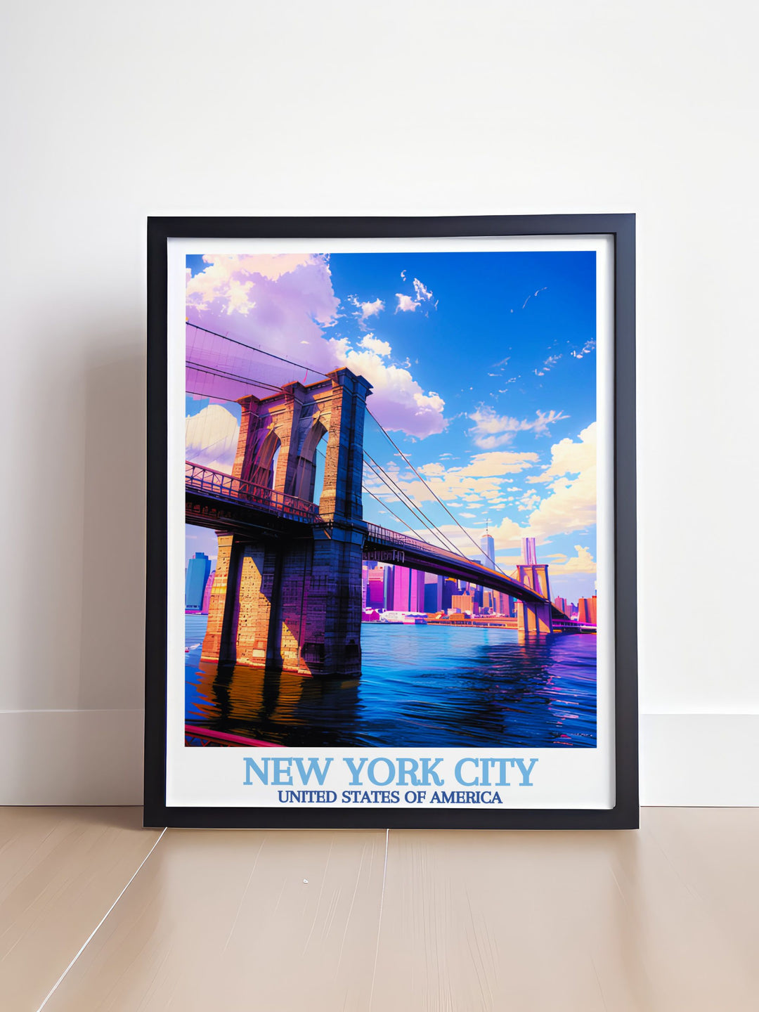 Watercolour skyline art poster of New York with Brooklyn Bridge ideal for New York decor and perfect wall decor