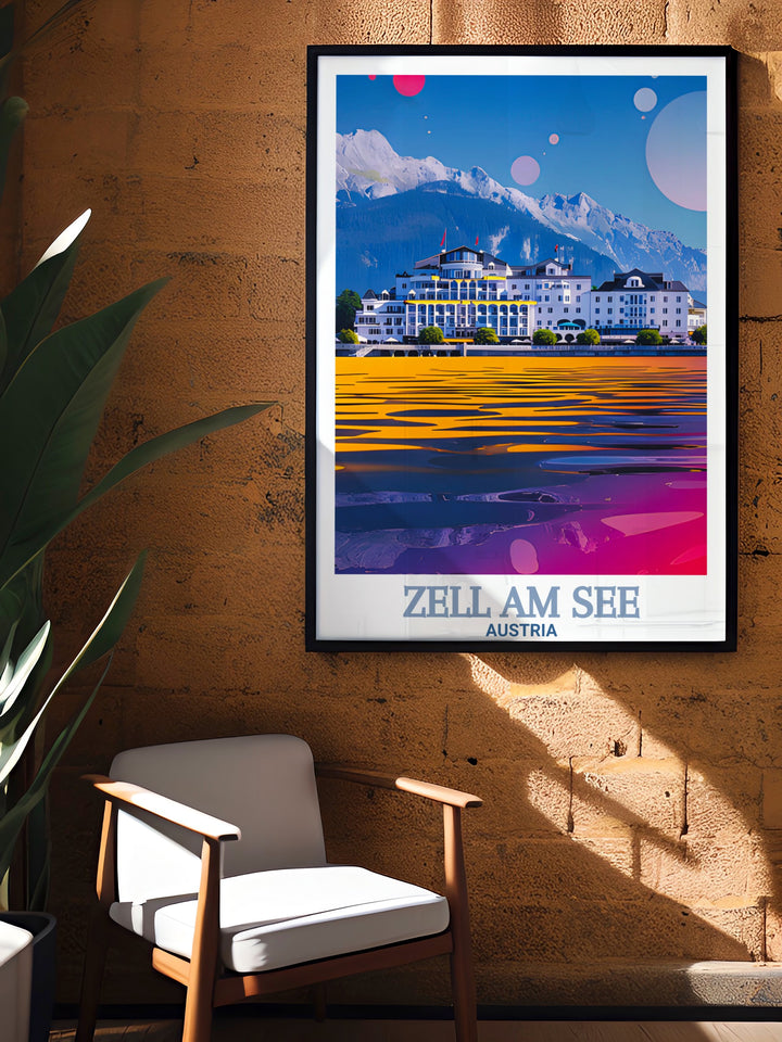 Vintage ski print of Grand Hotel Zell am See featuring captivating alpine views ideal for enhancing living rooms and creating a stylish winter ambiance